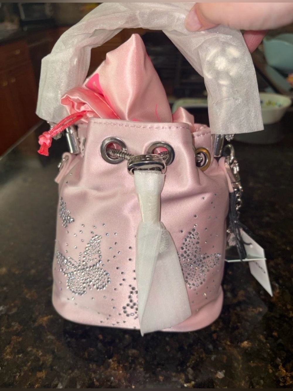 0088: Aldo Wicked Pink Satin Drawstring Crossbody BucketBag with Crystal Accents